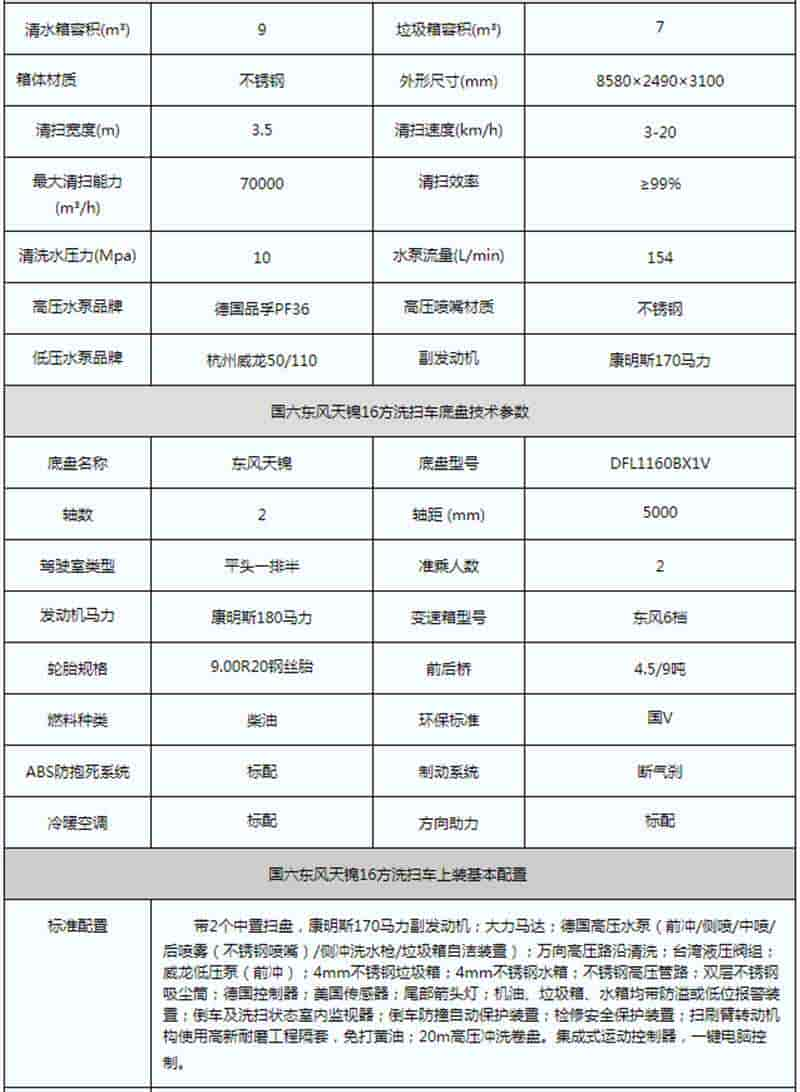 国六天锦洗扫车参数